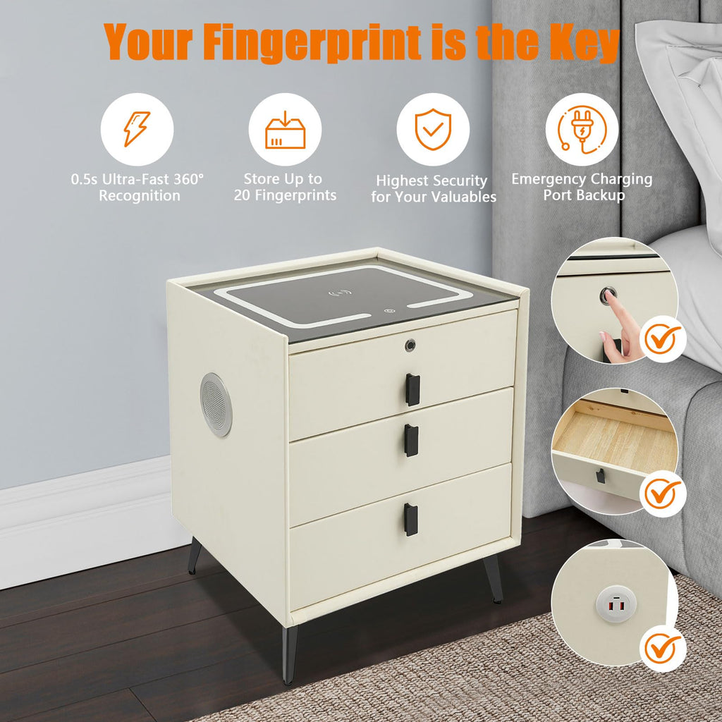 Beige White Smart LED Nightstand with USB Charging P914