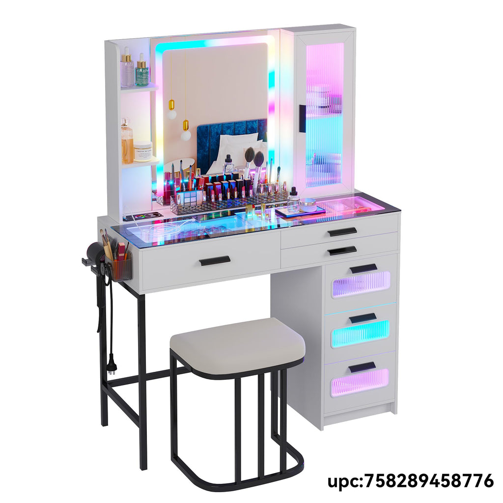 White Vanity Desk with Lighted Mirror and 6 Drawers X4638