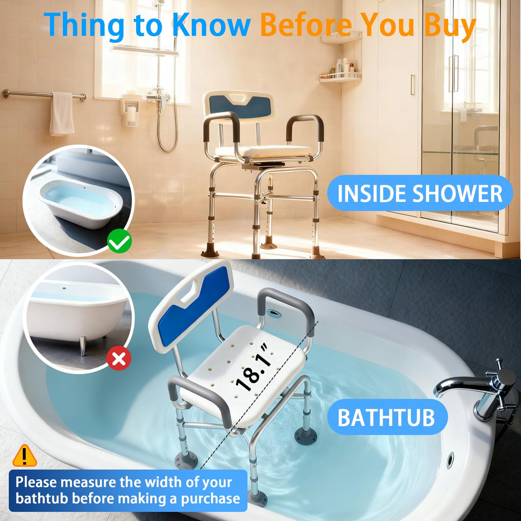 2-Level Width Adjustable 360° Heavy Duty Swivel Shower Chair with Arms and Back M5659