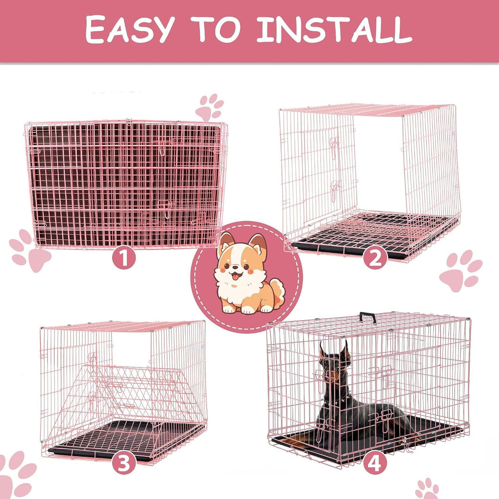48 Inch Extra Large Foldable Double-Door Dog Crate with Tray S768352