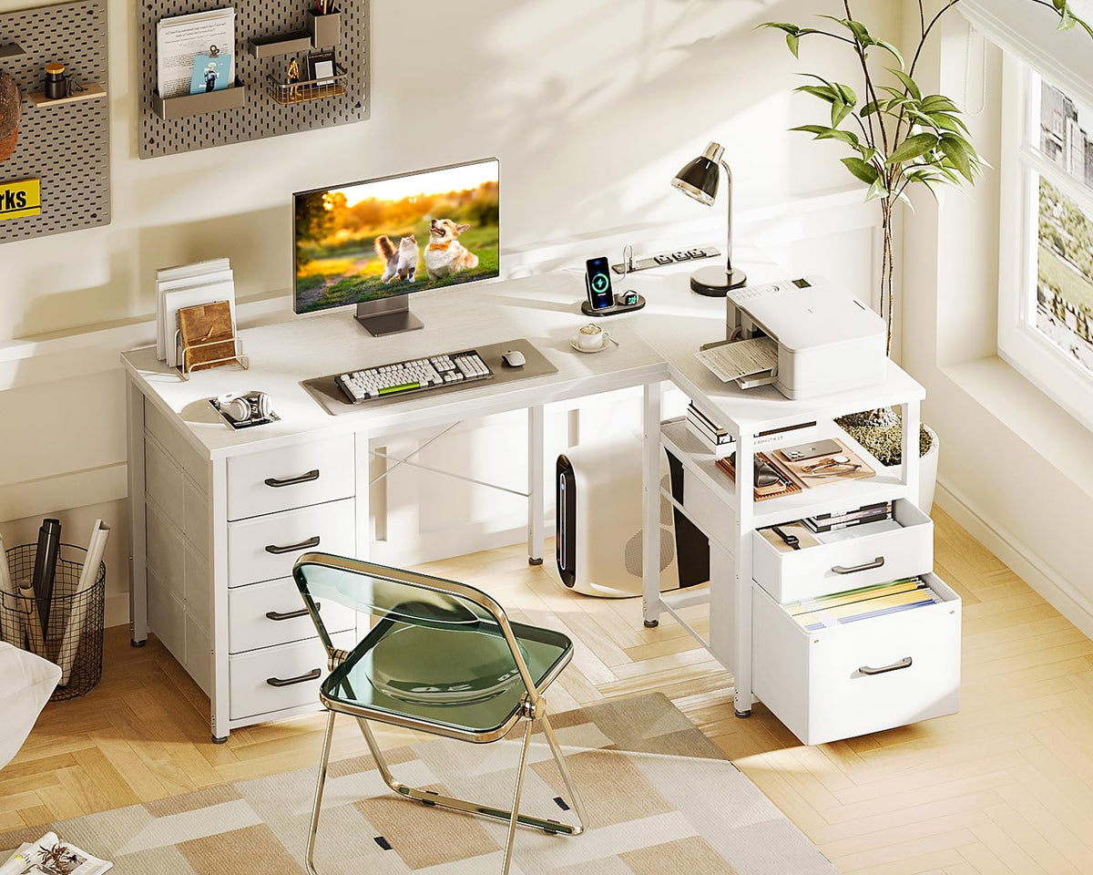 55 Inch L Shaped Office Desk with 6 Drawers White Y548319