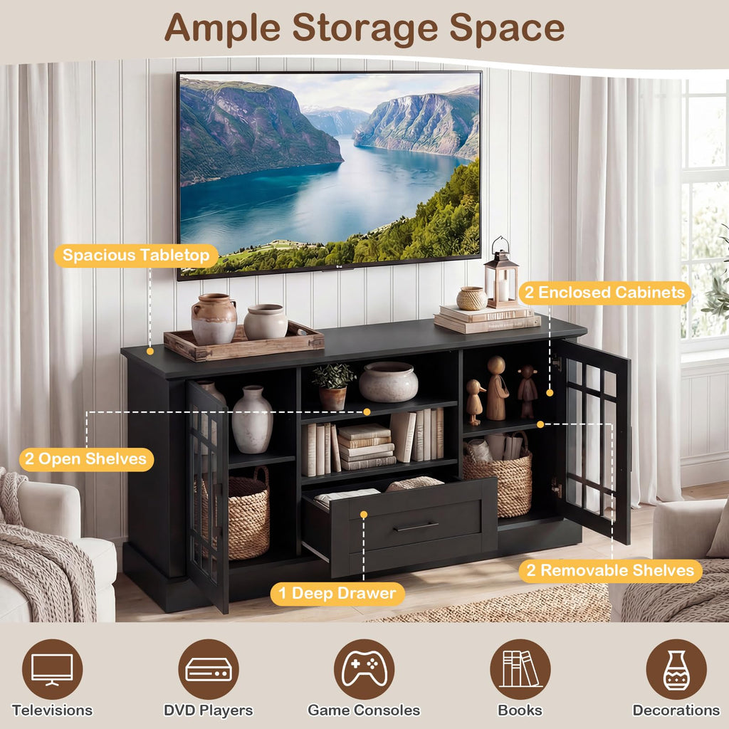Black Wood TV Stand with 2 Glass Cabinets and 1 Drawer R401