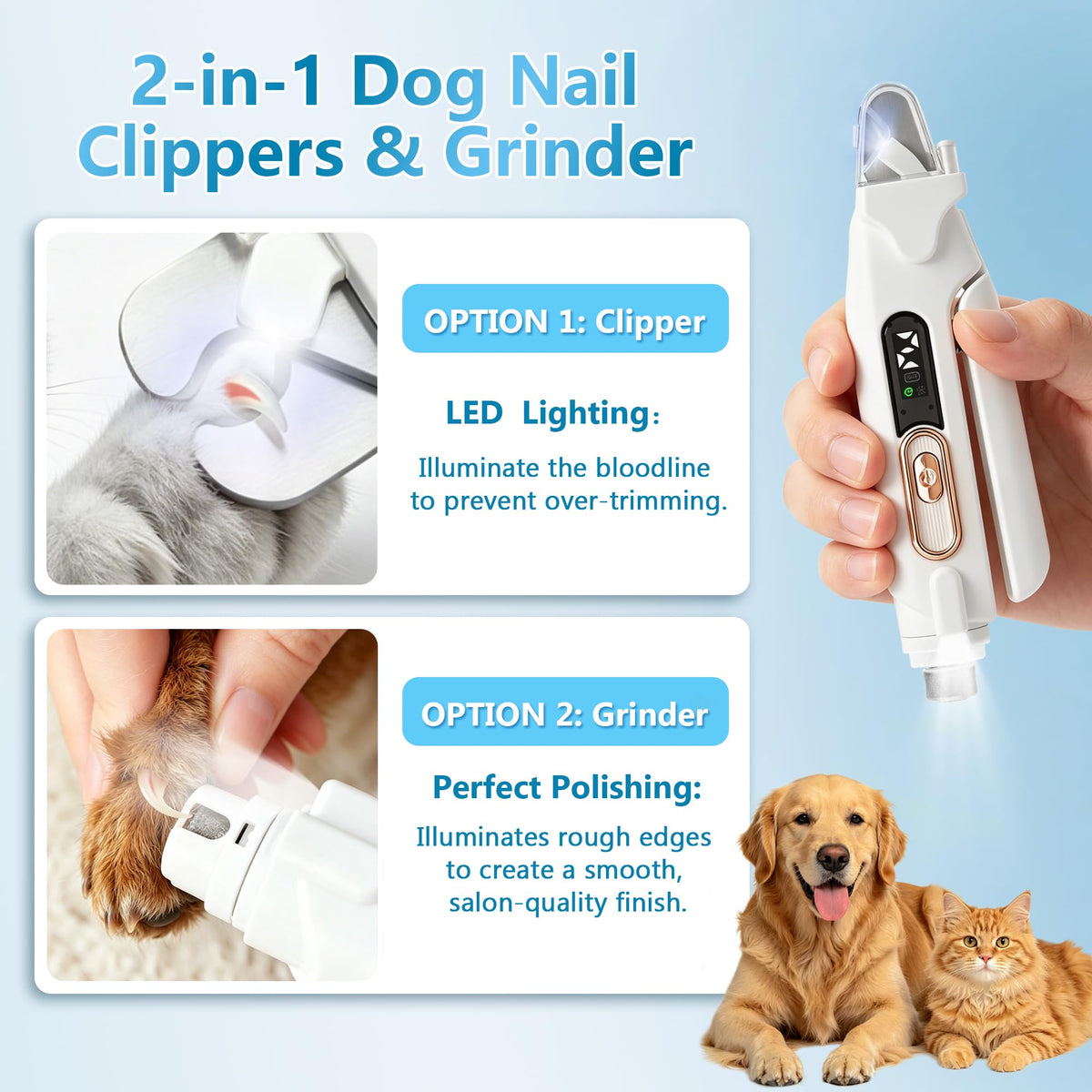 2-in-1 Quiet Electric Pet Nail Clipper & Grinder with Light M533775