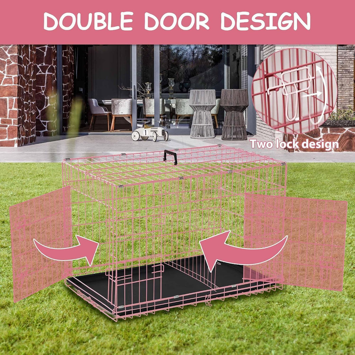 48 Inch Extra Large Foldable Double-Door Dog Crate with Tray S768352