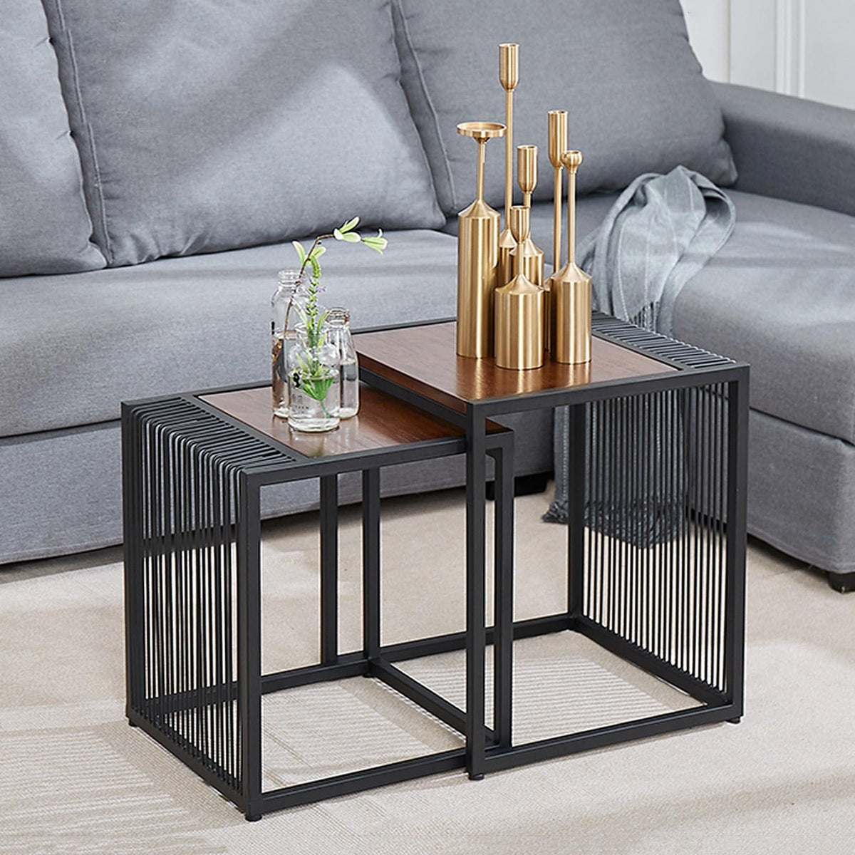 Set of 2 Square Nesting Coffee Table with Metal Frame V685769