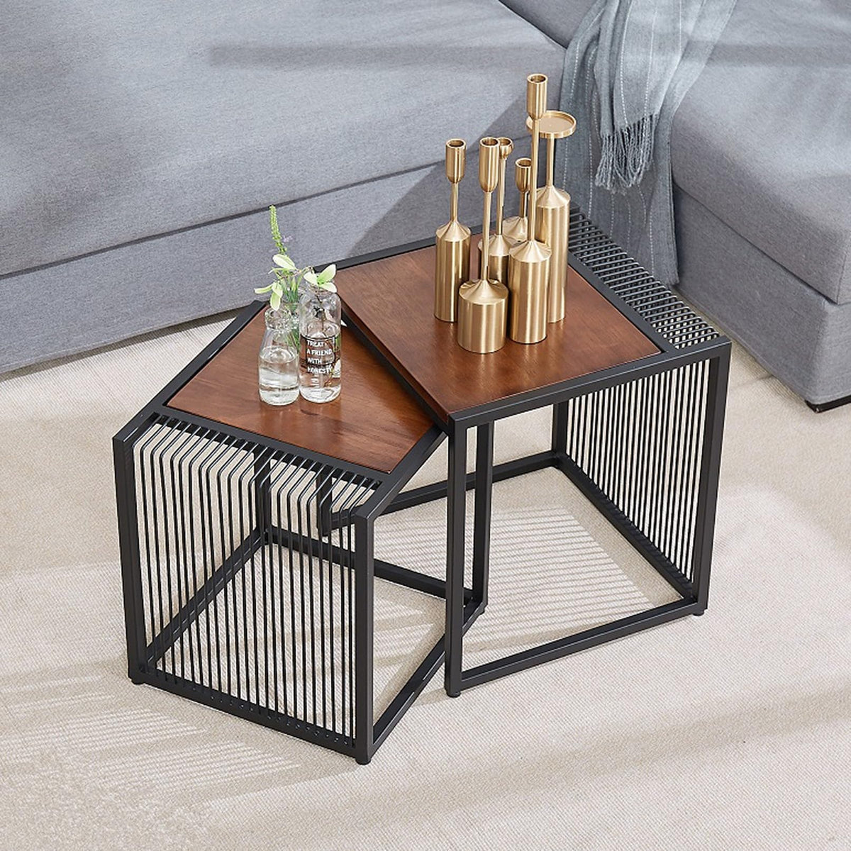 Set of 2 Square Nesting Coffee Table with Metal Frame V685769