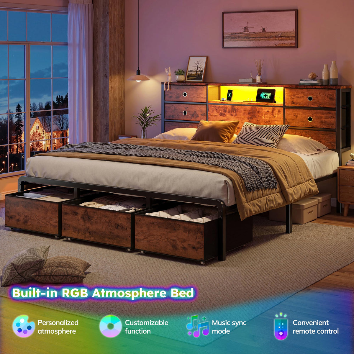 King Size Bed Frame with 9 Drawers and Charging Station O81872