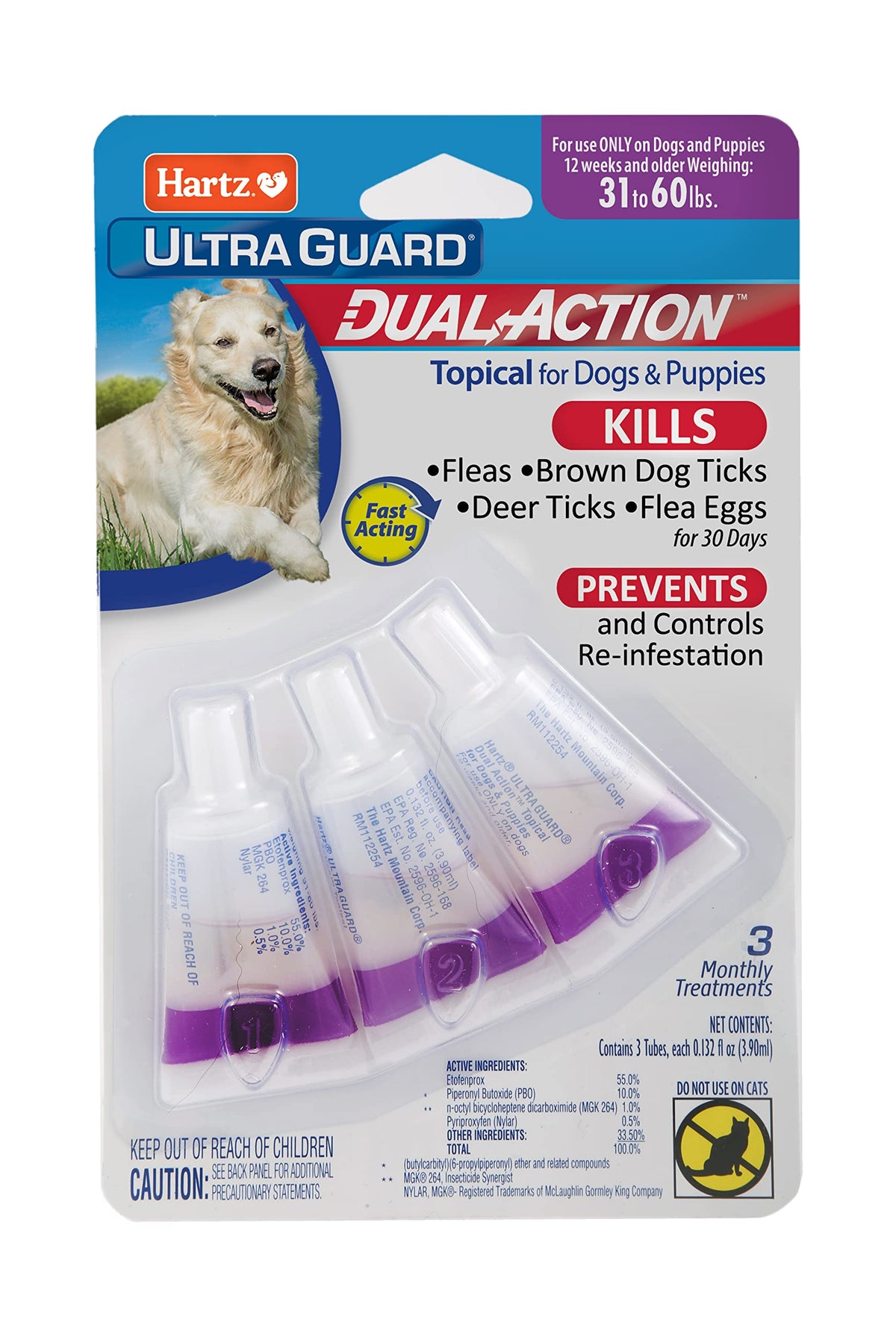 Flea & Tick Treatment for Dogs and Puppies 31-60lbs 3 Monthly Treatments M3256
