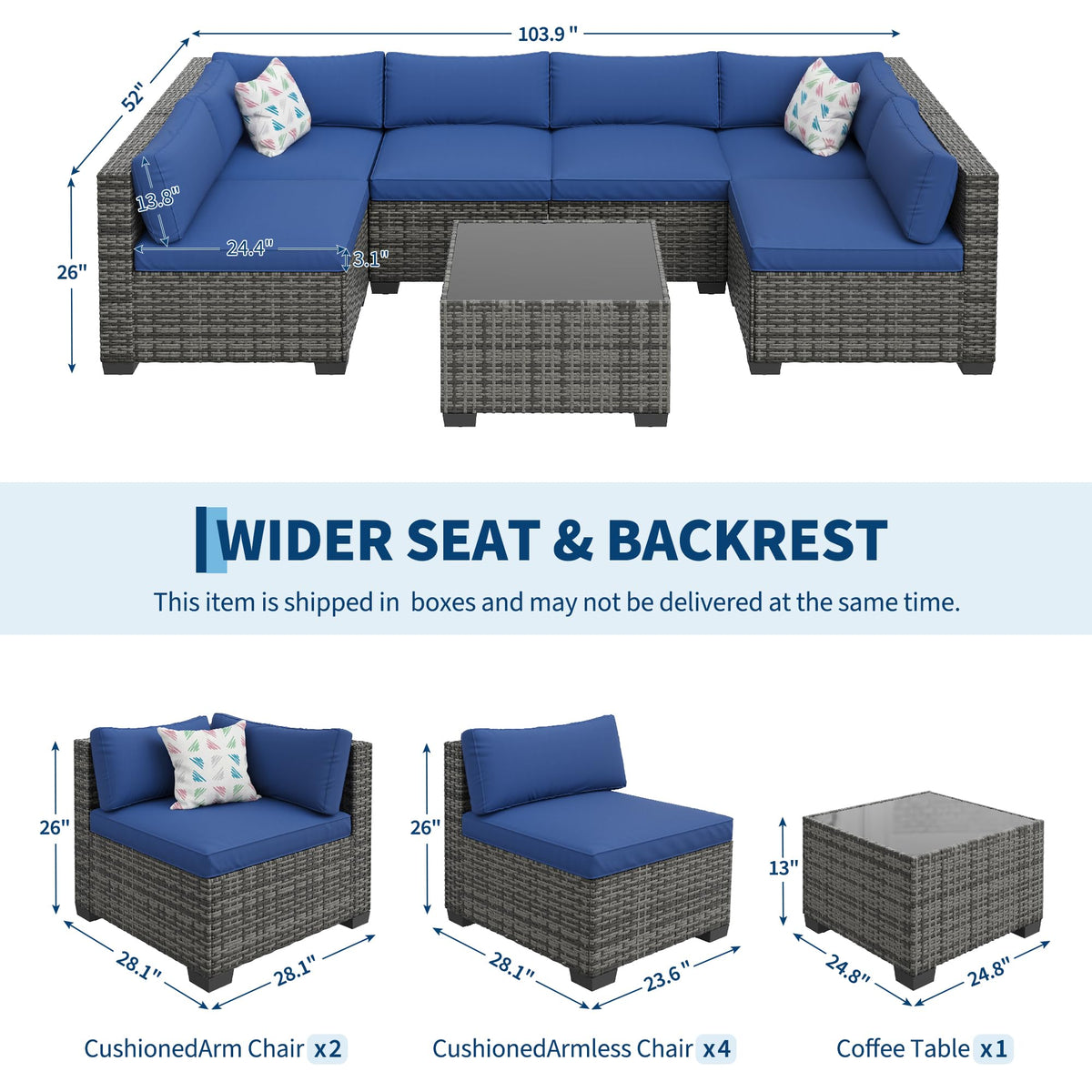 7-Piece Outdoor Rattan Sectional Sofa Set with Coffee Table L508345