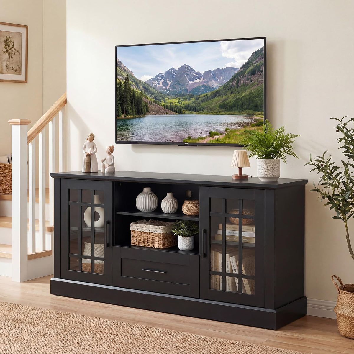 Black Wood TV Stand with 2 Glass Cabinets and 1 Drawer R401