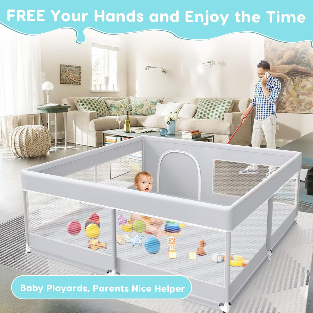 50x50 Inch Grey Baby Playpen with Mesh H817826