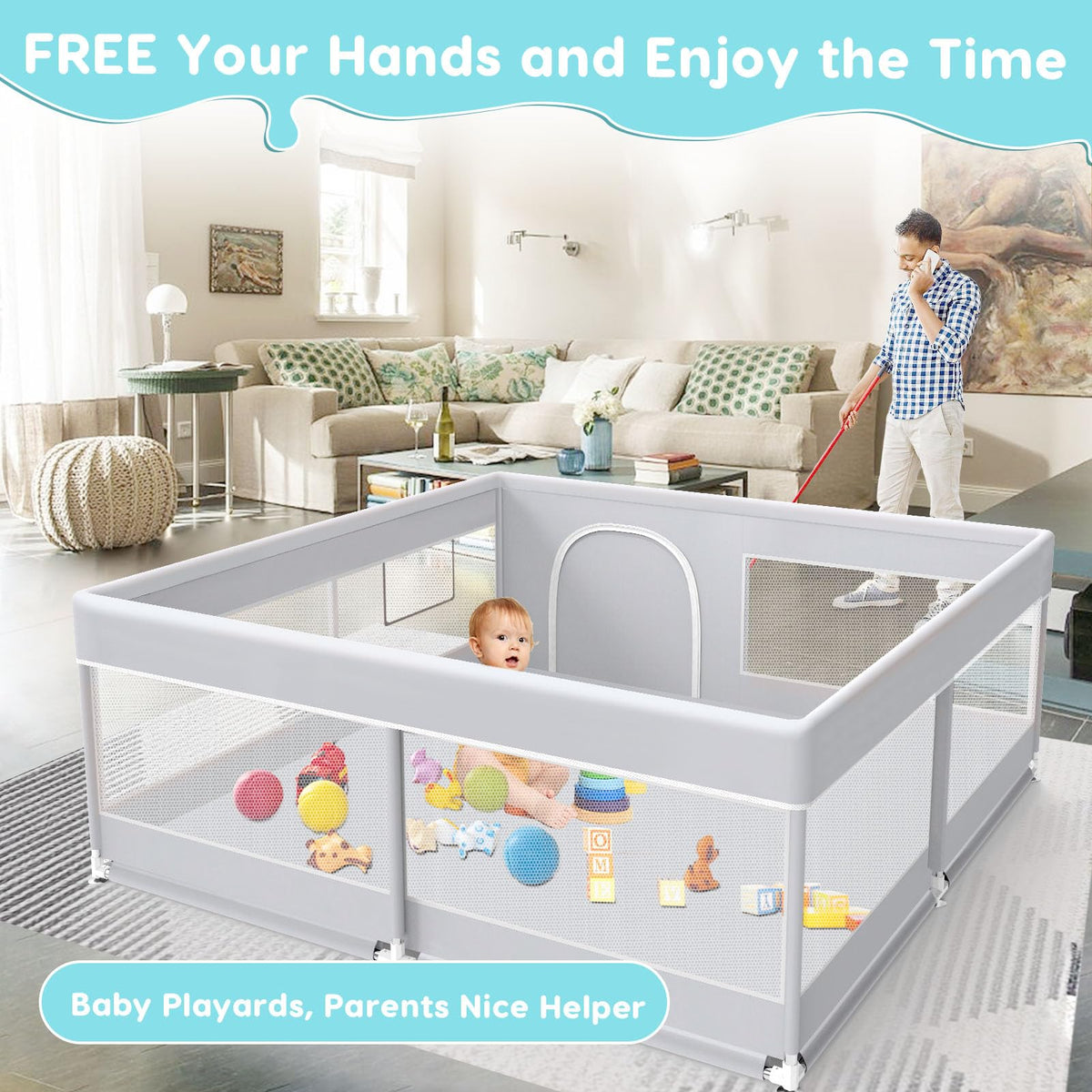 50x50 Inch Grey Baby Playpen with Mesh H817826