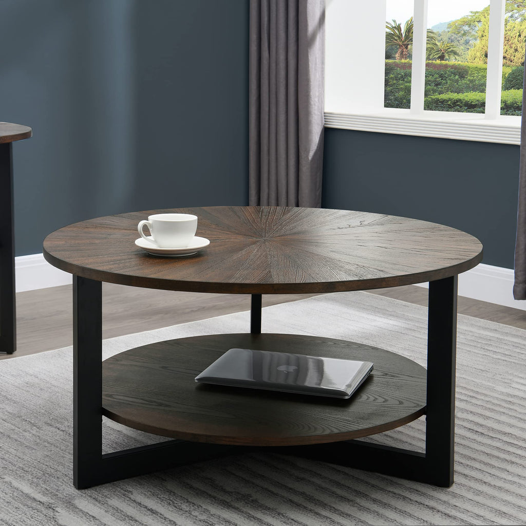Round Coffee Table with Storage Shelf, Black Metal Legs, 35.3''D x 17.8''H J11856