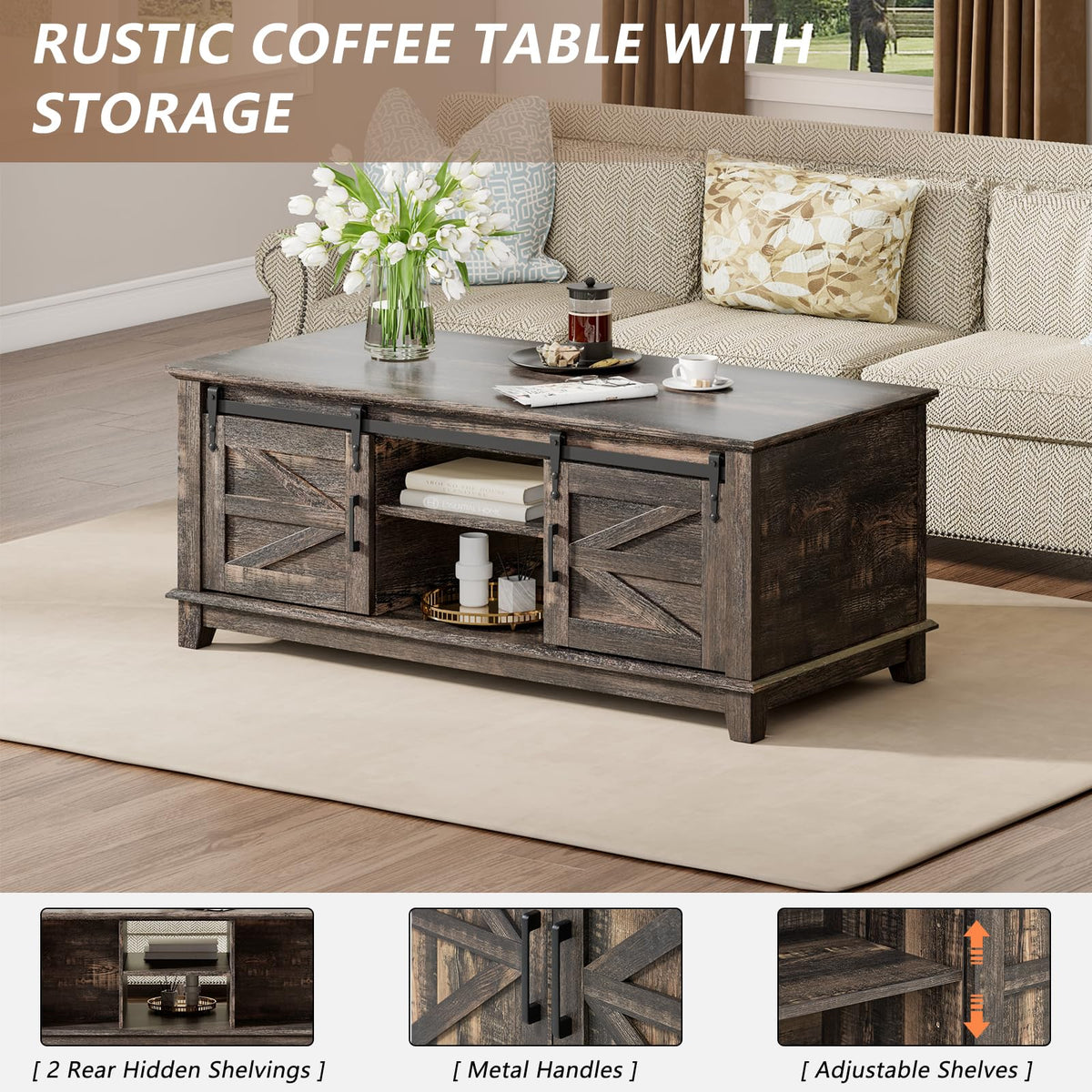 4 Piece Farmhouse Living Room Table Set with TV Stand Coffee Table and End Tables H55731