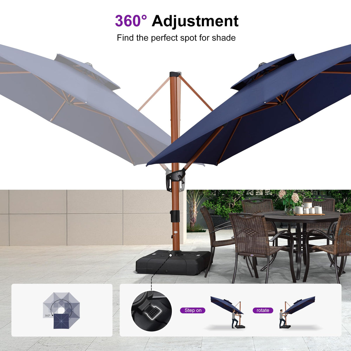 10ft Double Top Wood-Grain Finish Navy Blue Patio Umbrella R458