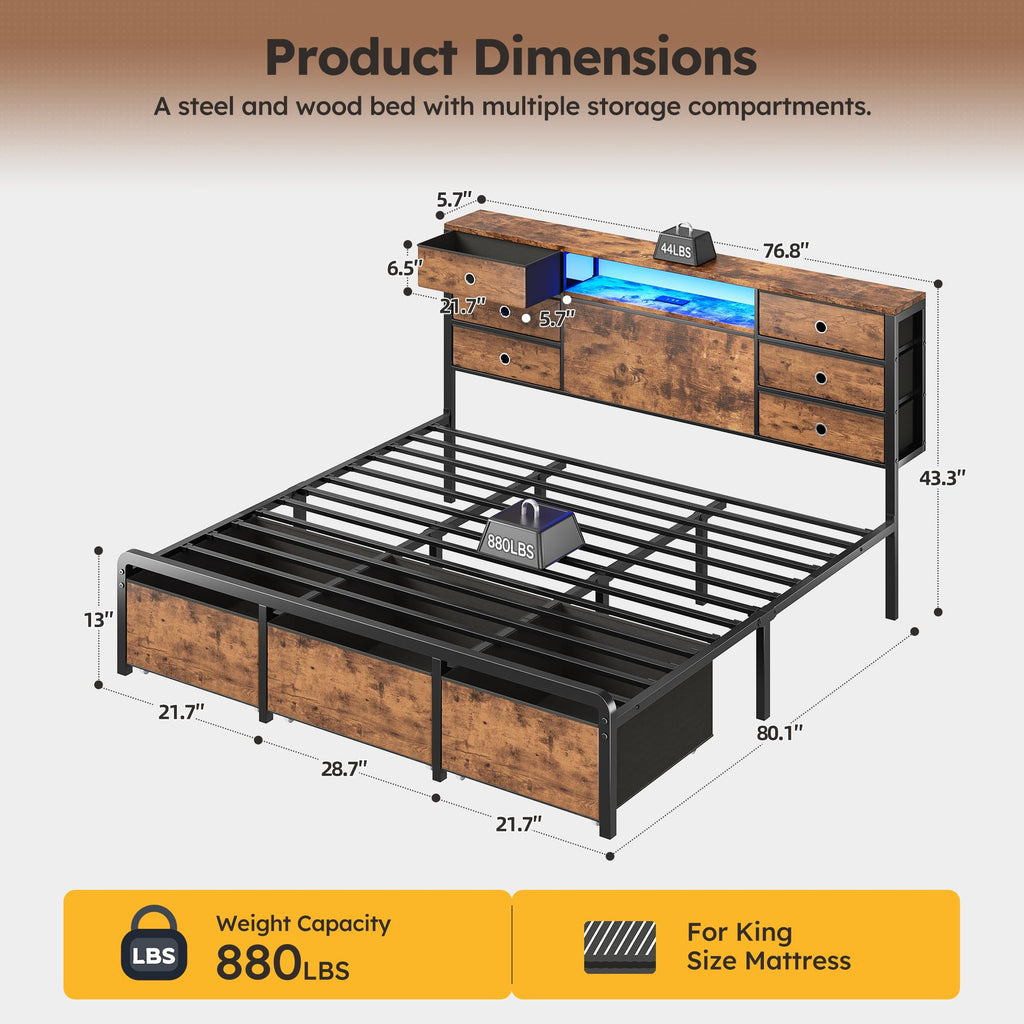 King Size Bed Frame with 9 Drawers and Charging Station O81872