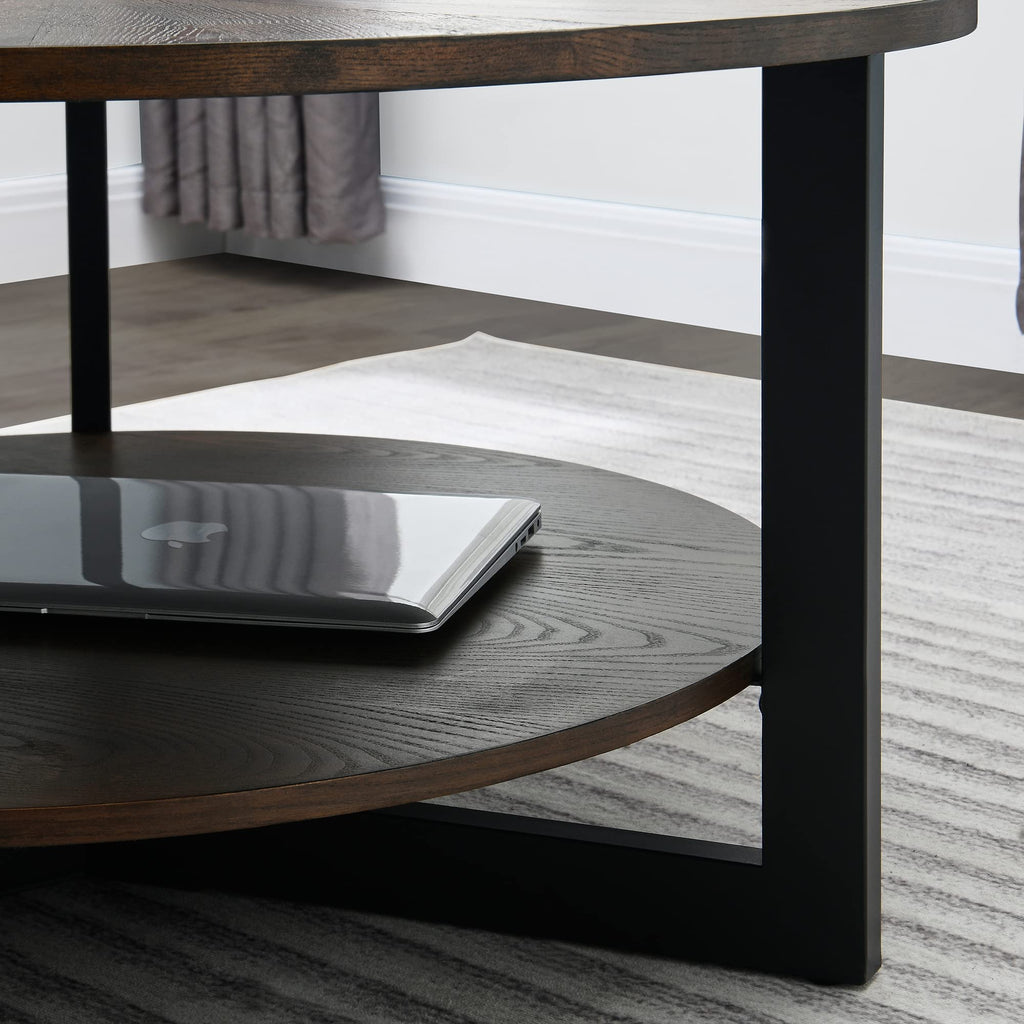 Round Coffee Table with Storage Shelf, Black Metal Legs, 35.3''D x 17.8''H J11856