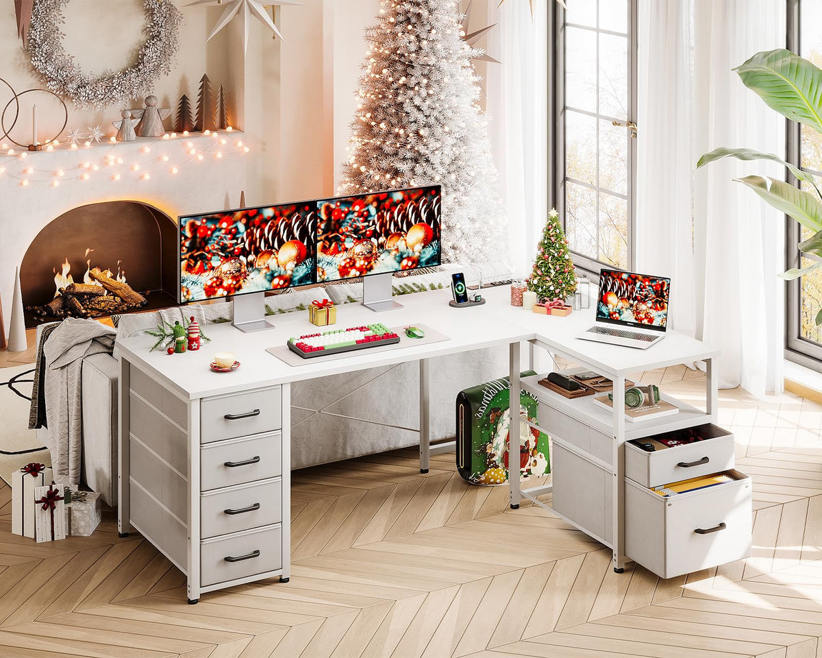55 Inch L Shaped Office Desk with 6 Drawers White Y548319