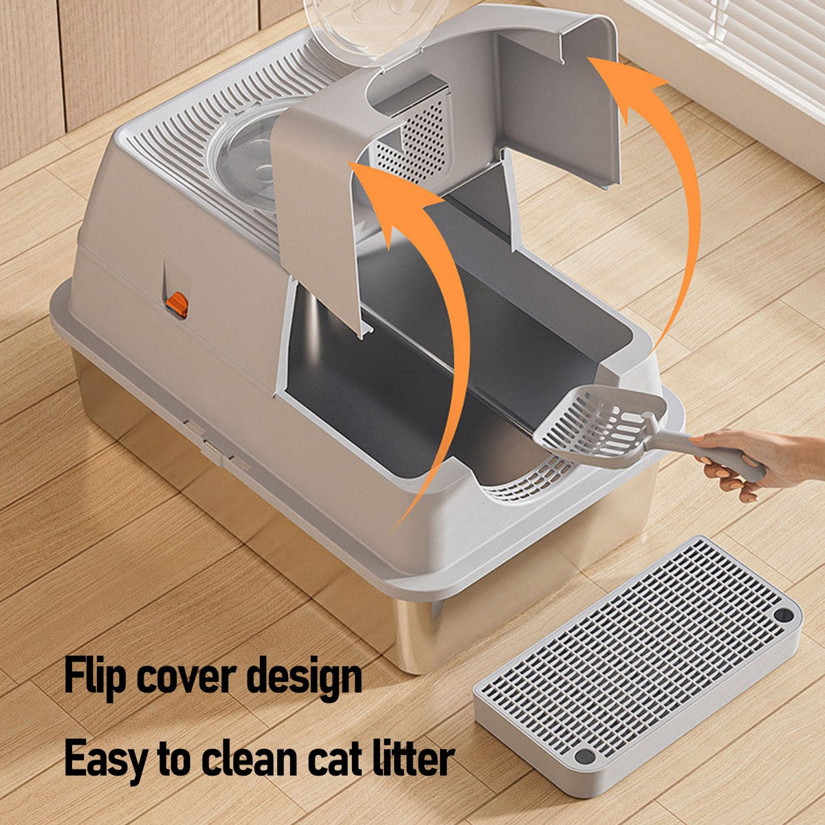 Enclosed Stainless Steel Litter Box with Flip Top Lid I281