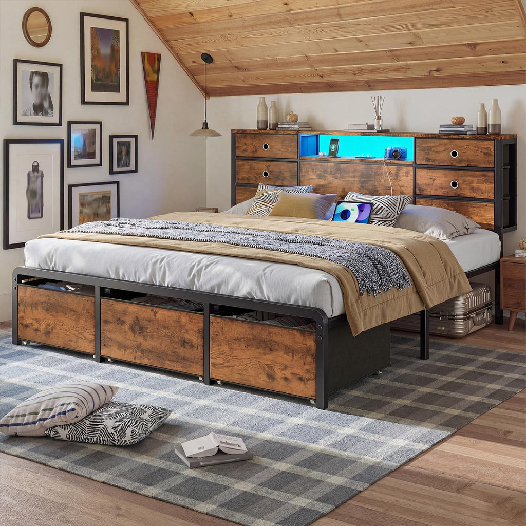 King Size Bed Frame with 9 Drawers and Charging Station O81872