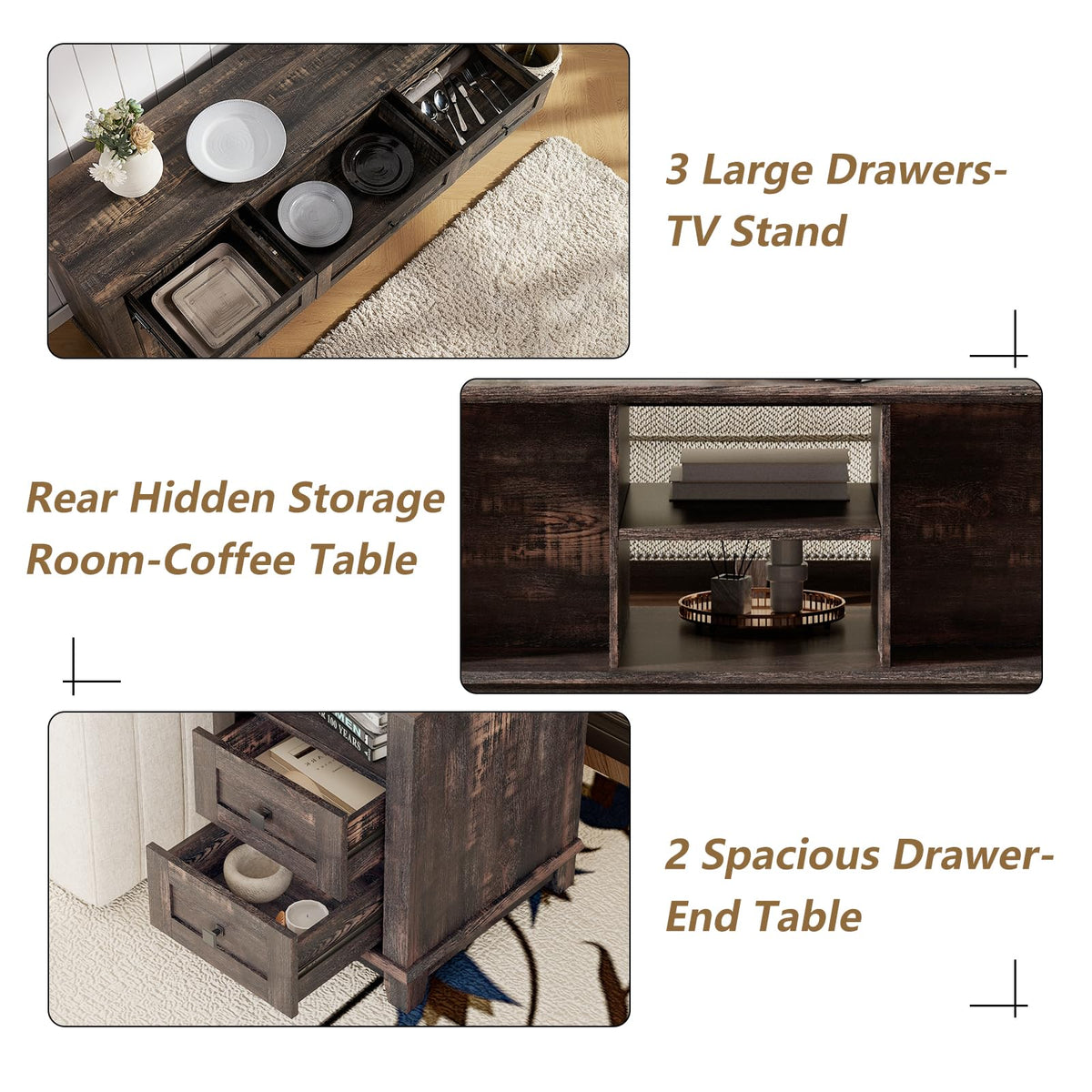 4 Piece Farmhouse Living Room Table Set with TV Stand Coffee Table and End Tables H55731
