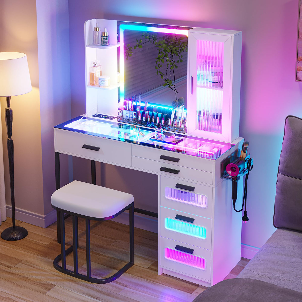 White Vanity Desk with Lighted Mirror and 6 Drawers X4638