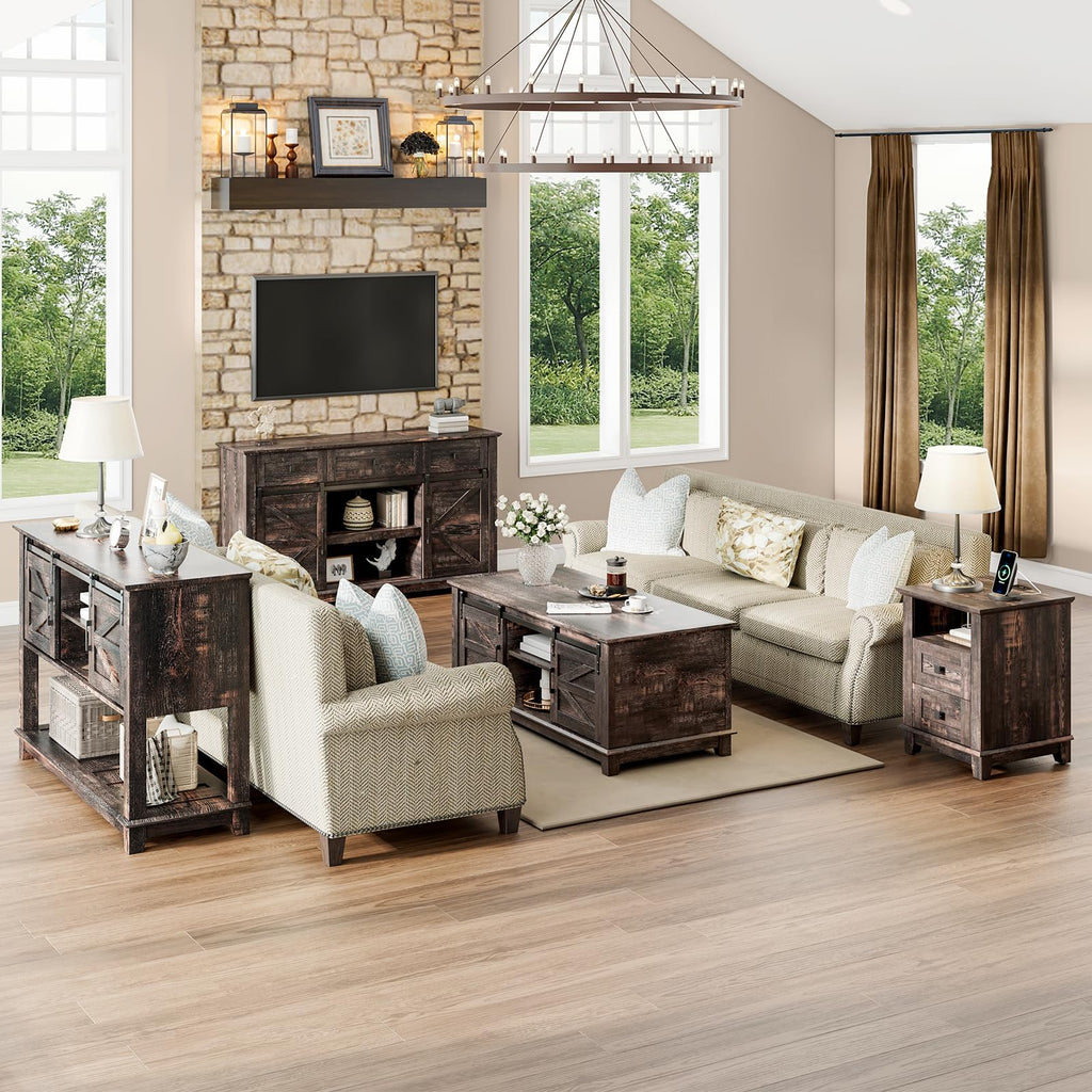 4 Piece Farmhouse Living Room Table Set with TV Stand Coffee Table and End Tables H55731