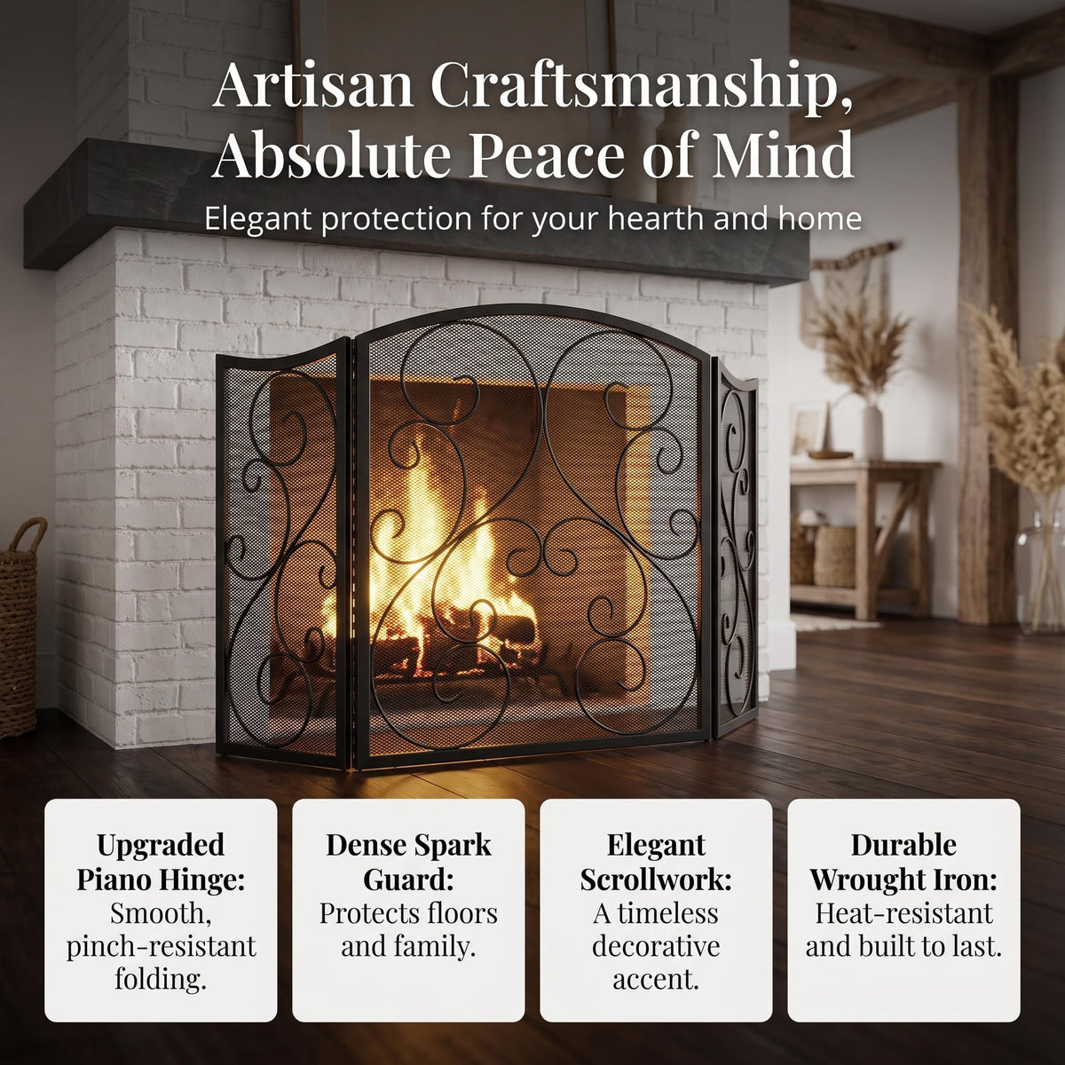 3 Panel Arch Top Wrought Iron Fireplace Screen R96501