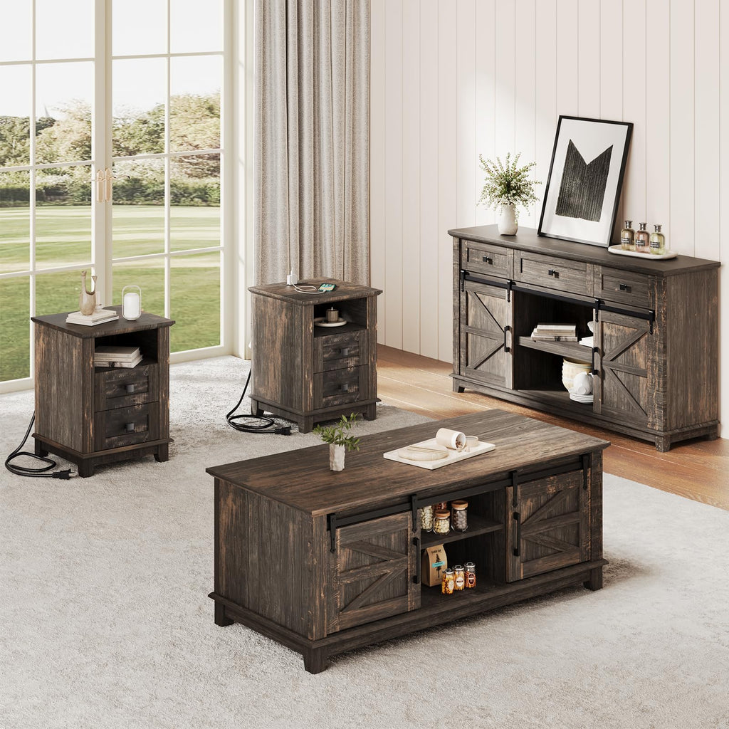 4 Piece Farmhouse Living Room Table Set with TV Stand Coffee Table and End Tables H55731