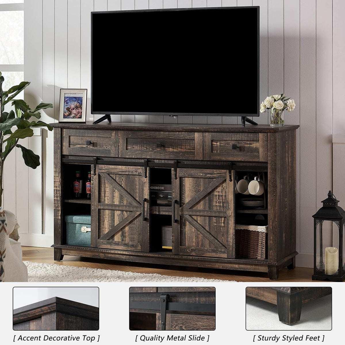 4 Piece Farmhouse Living Room Table Set with TV Stand Coffee Table and End Tables H55731