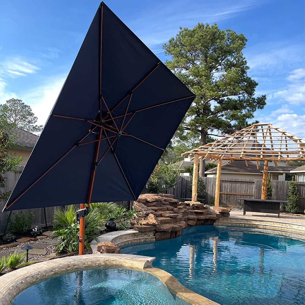 10ft Double Top Wood-Grain Finish Navy Blue Patio Umbrella R458