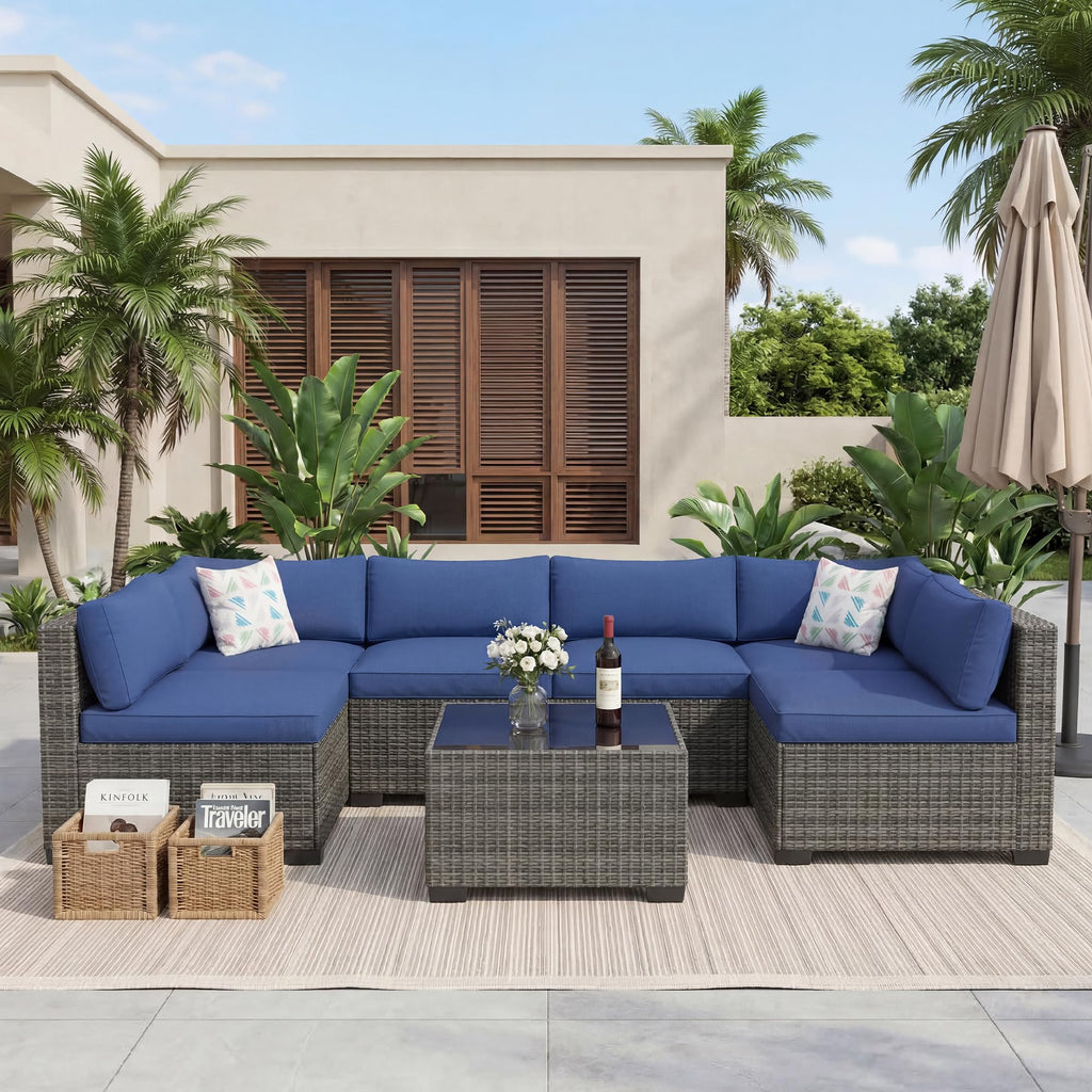 7-Piece Outdoor Rattan Sectional Sofa Set with Coffee Table L508345