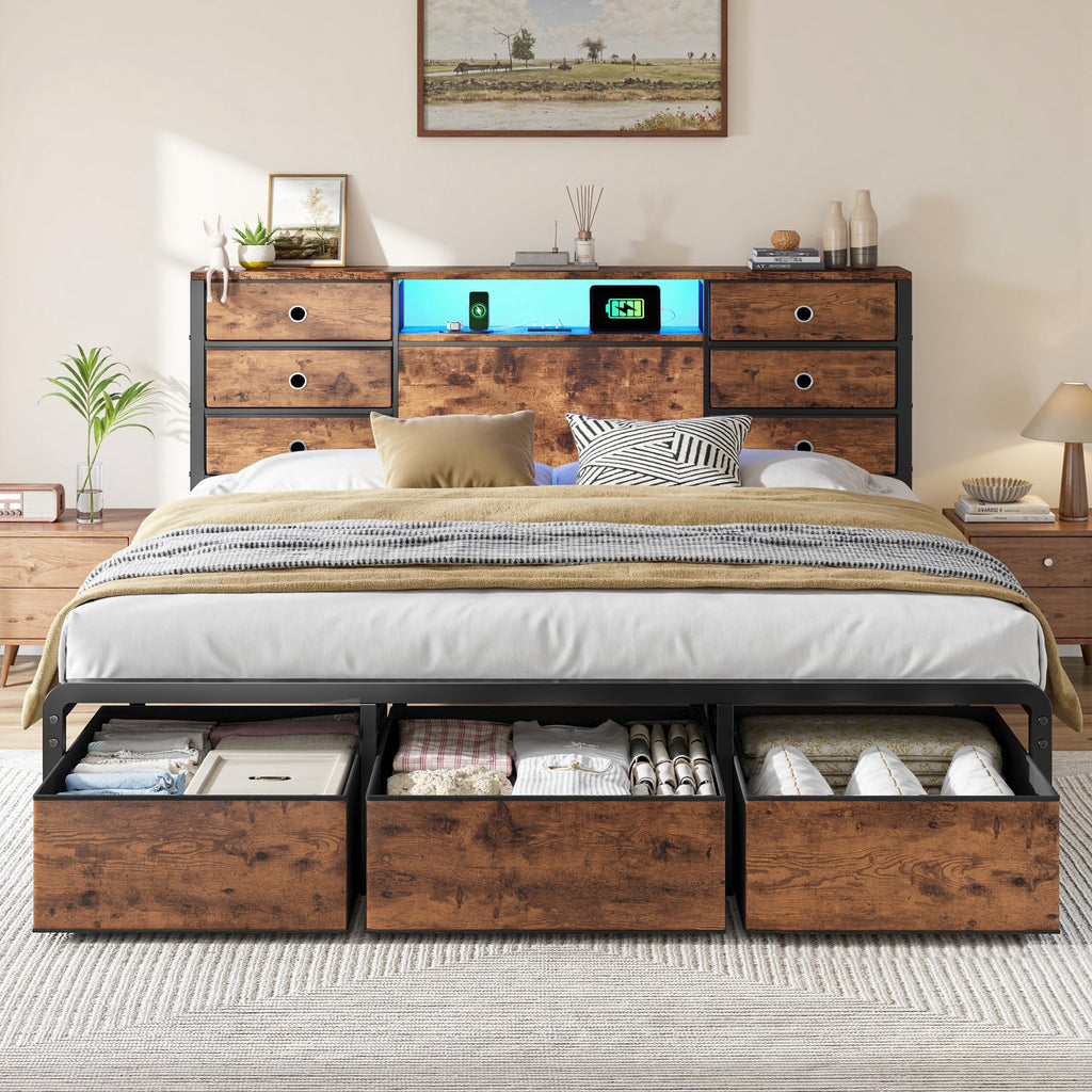 King Size Bed Frame with 9 Drawers and Charging Station O81872
