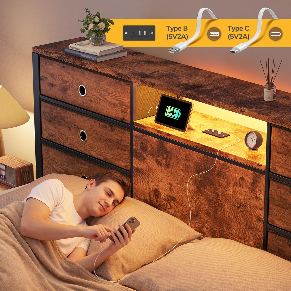King Size Bed Frame with 9 Drawers and Charging Station O81872