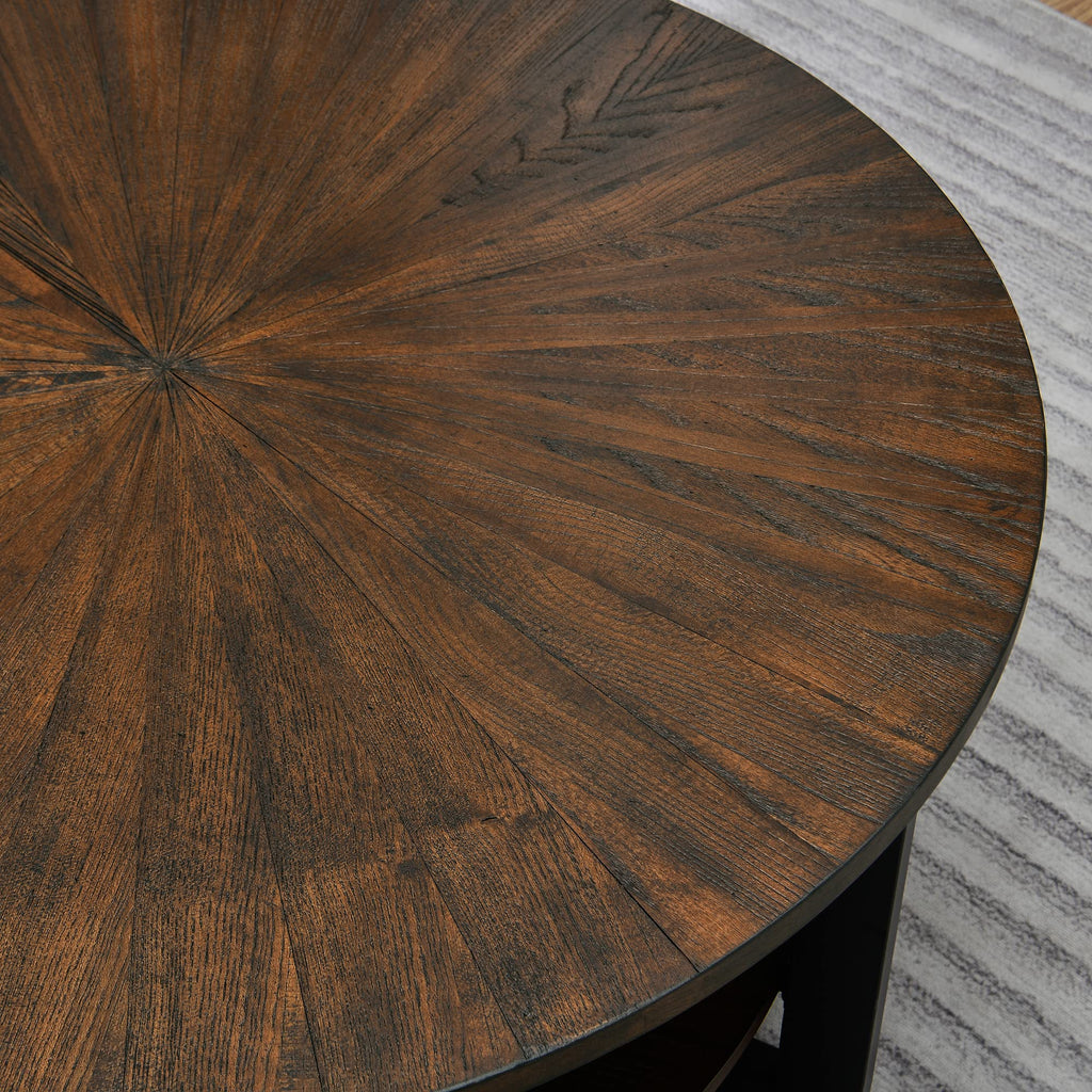Round Coffee Table with Storage Shelf, Black Metal Legs, 35.3''D x 17.8''H J11856