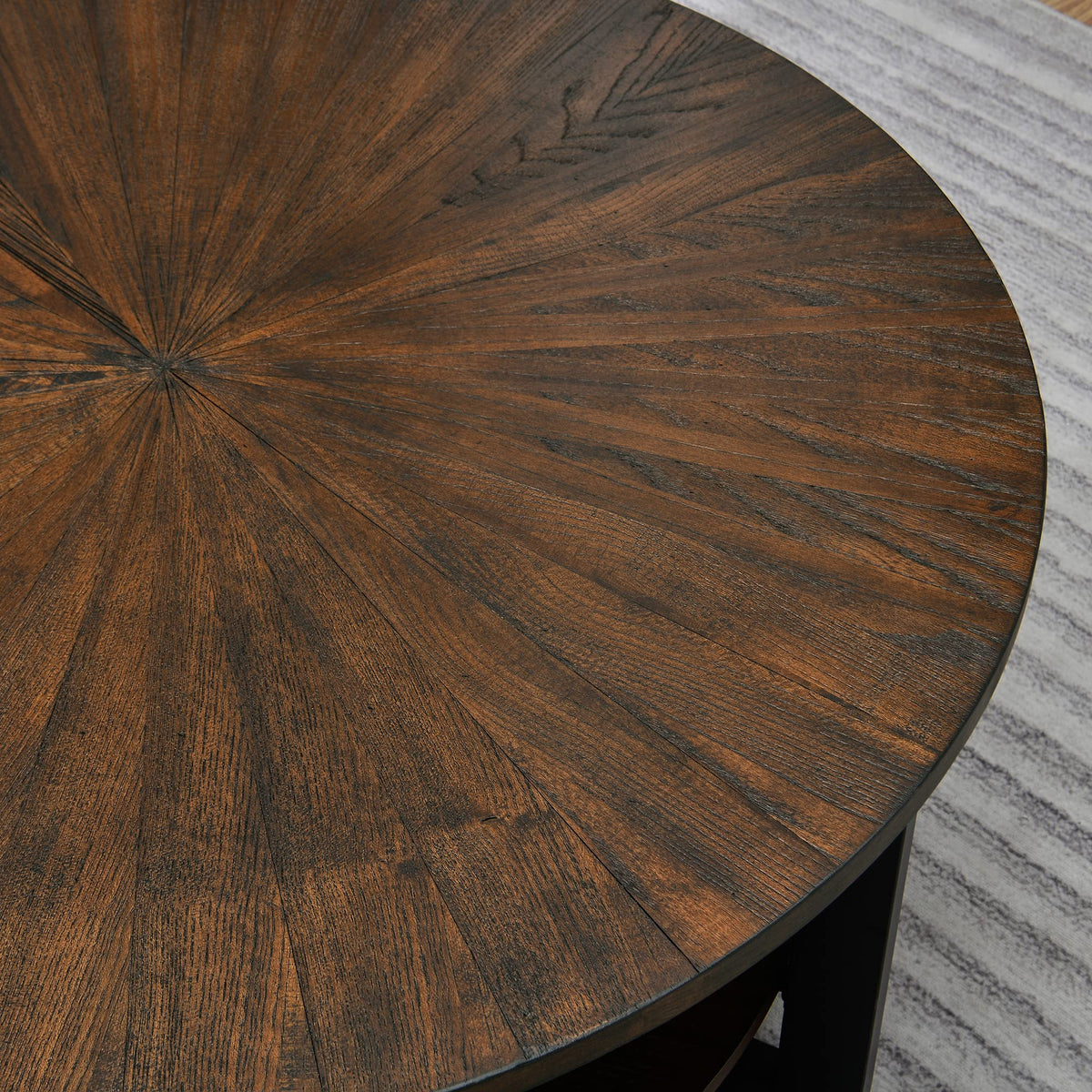 Round Coffee Table with Storage Shelf, Black Metal Legs, 35.3''D x 17.8''H J11856