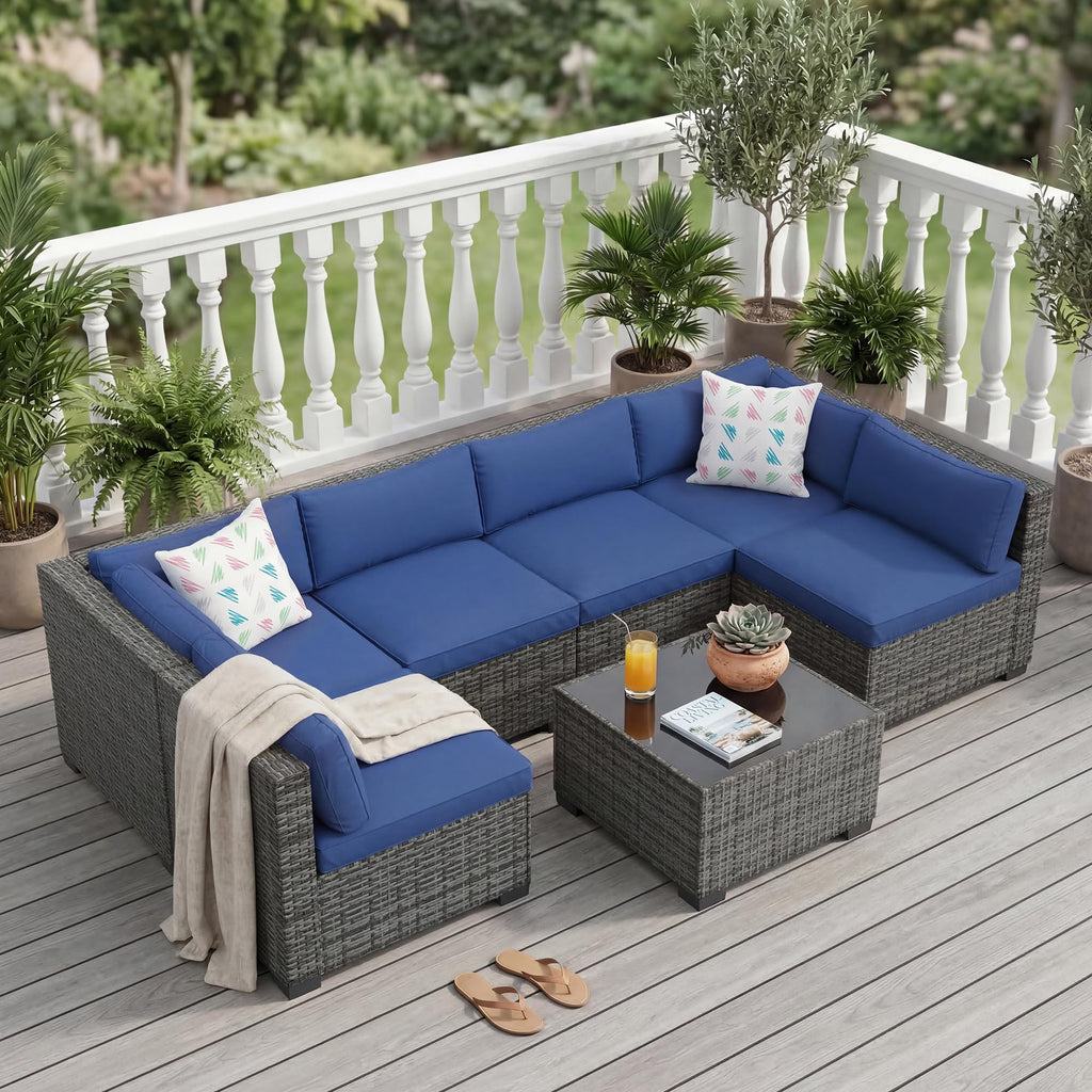 7-Piece Outdoor Rattan Sectional Sofa Set with Coffee Table L508345