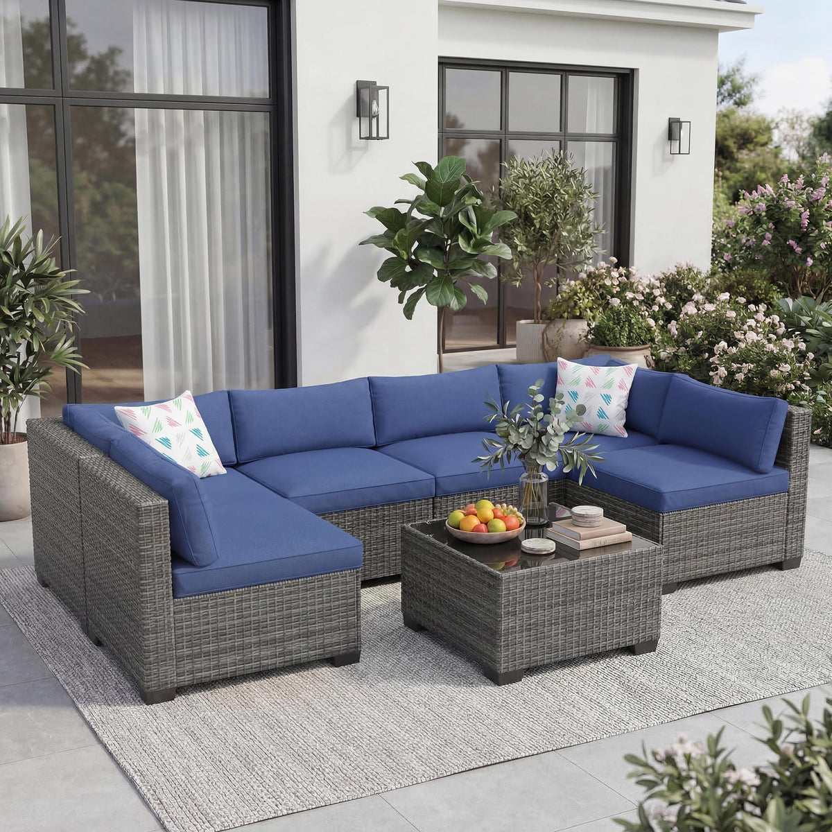 7-Piece Outdoor Rattan Sectional Sofa Set with Coffee Table L508345