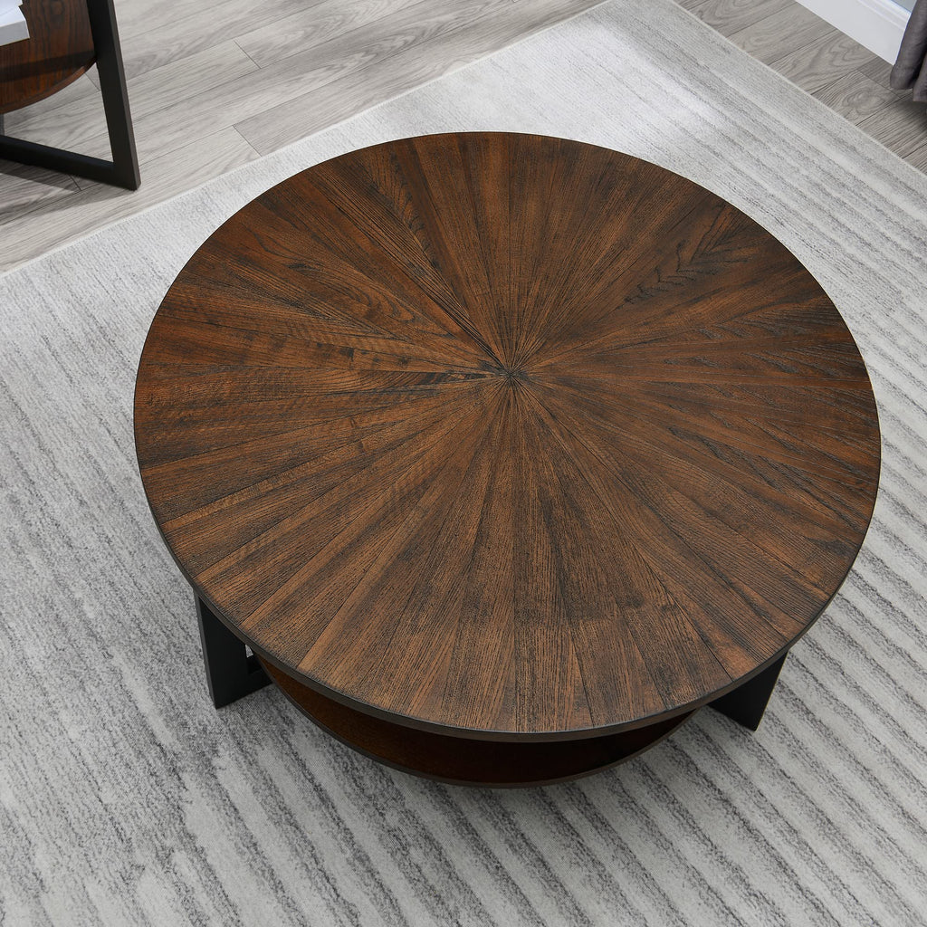 Round Coffee Table with Storage Shelf, Black Metal Legs, 35.3''D x 17.8''H J11856