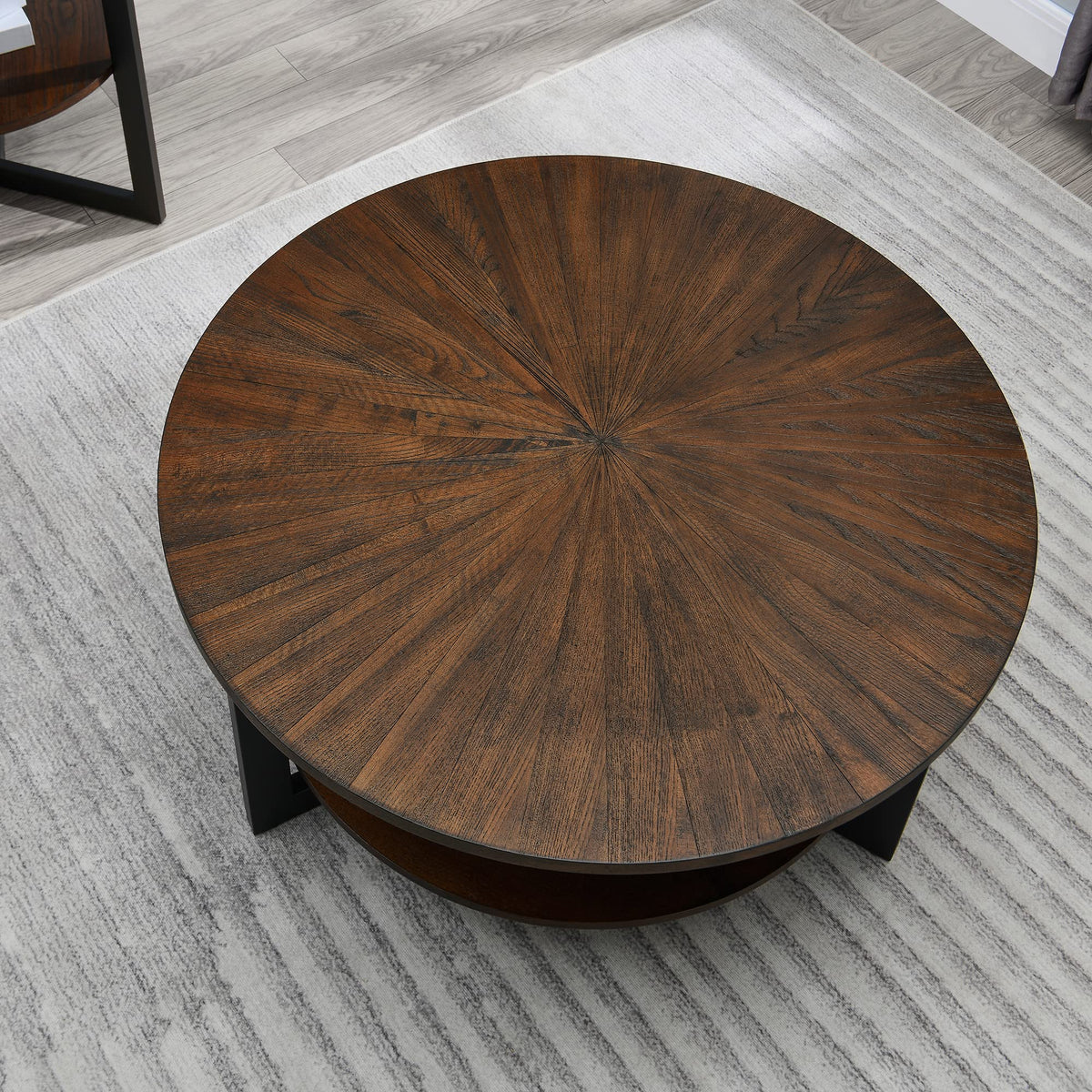 Round Coffee Table with Storage Shelf, Black Metal Legs, 35.3''D x 17.8''H J11856